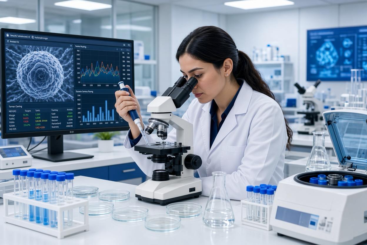 A laboratory scientist pipetting a sample beside a microscope, with analysis dashboards on the screen behind them